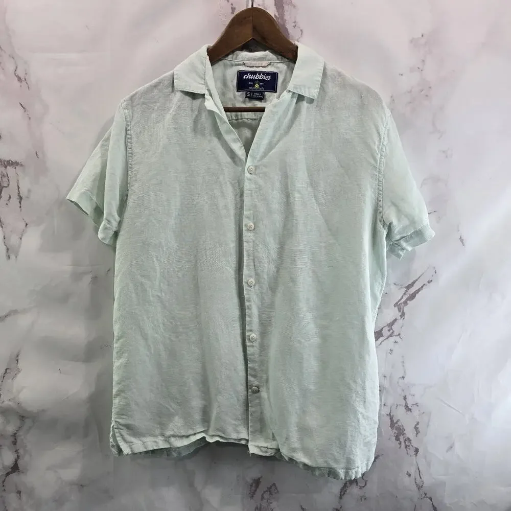 Chubbies Shirt Mens Small Blue Linen Short Sleeve Dad Fit Button Loop Collar